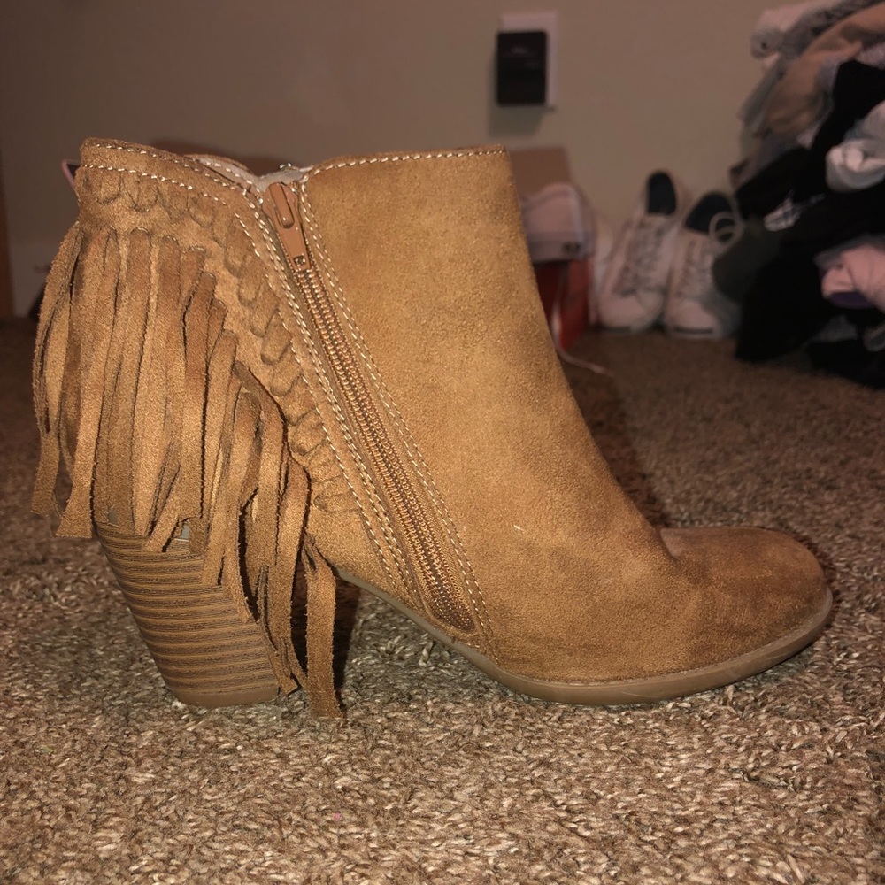 Tan fringe booties
